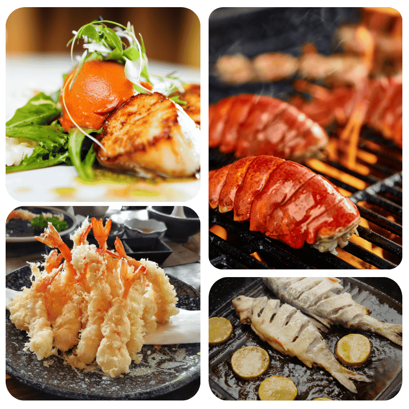 Four photos of various seafood cooked and plated. Includes scallops, deep fried shrimp, lobster tails and grilled trout.