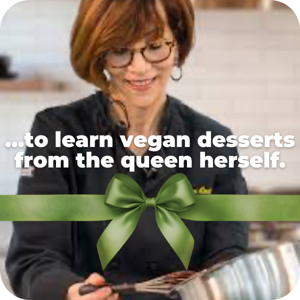 Photo of vegan chef Fran Costigan stirring batter with a holiday bow across the graphic.