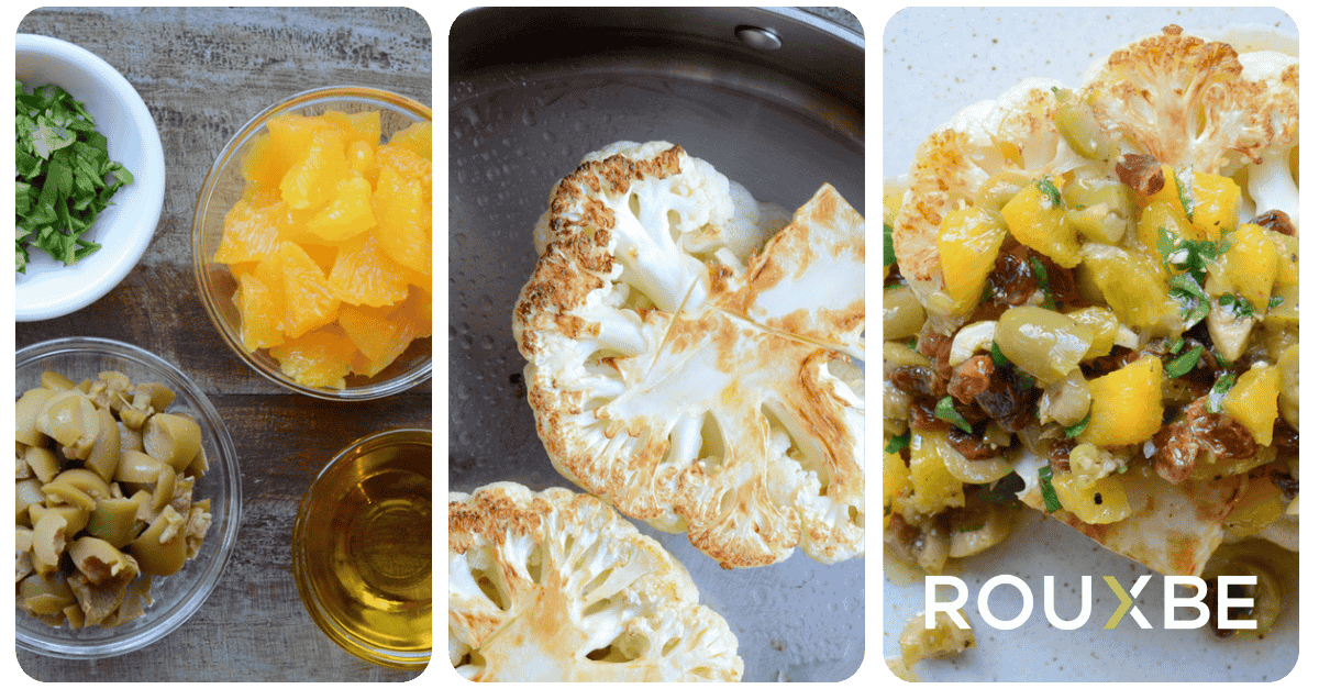 3 image series with prep ingredients, roasted cauliflower and finish recipe with chutney.