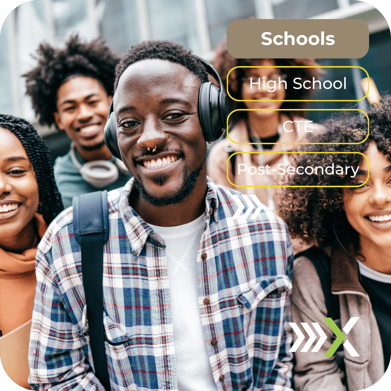 Diverse group of students smiling on campus, representing Rouxbe’s high school, CTE, and post-secondary education programs.