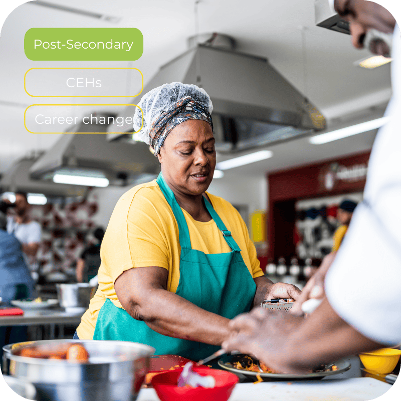 Adult female learner participating in a post-secondary culinary education program designed for career advancement and continuing education credits.